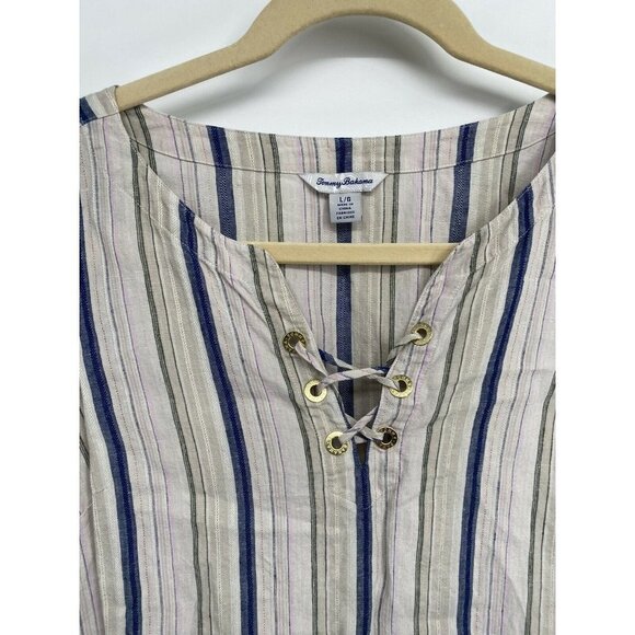 Tommy Bahama large linen blend top stripe Silver Metallic Boho 3/4 SLEEVE LACE - Picture 2 of 4